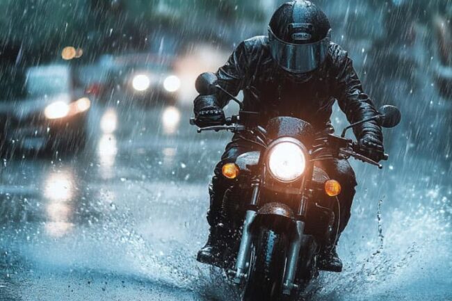examen-moto-dgt-lluvia-asfalto-mojado-mostoles Motorista de la autoescuela MotoCircuito realizando prácticas bajo la lluvia en el circuito cerrado de Móstoles con el asfalto mojado.