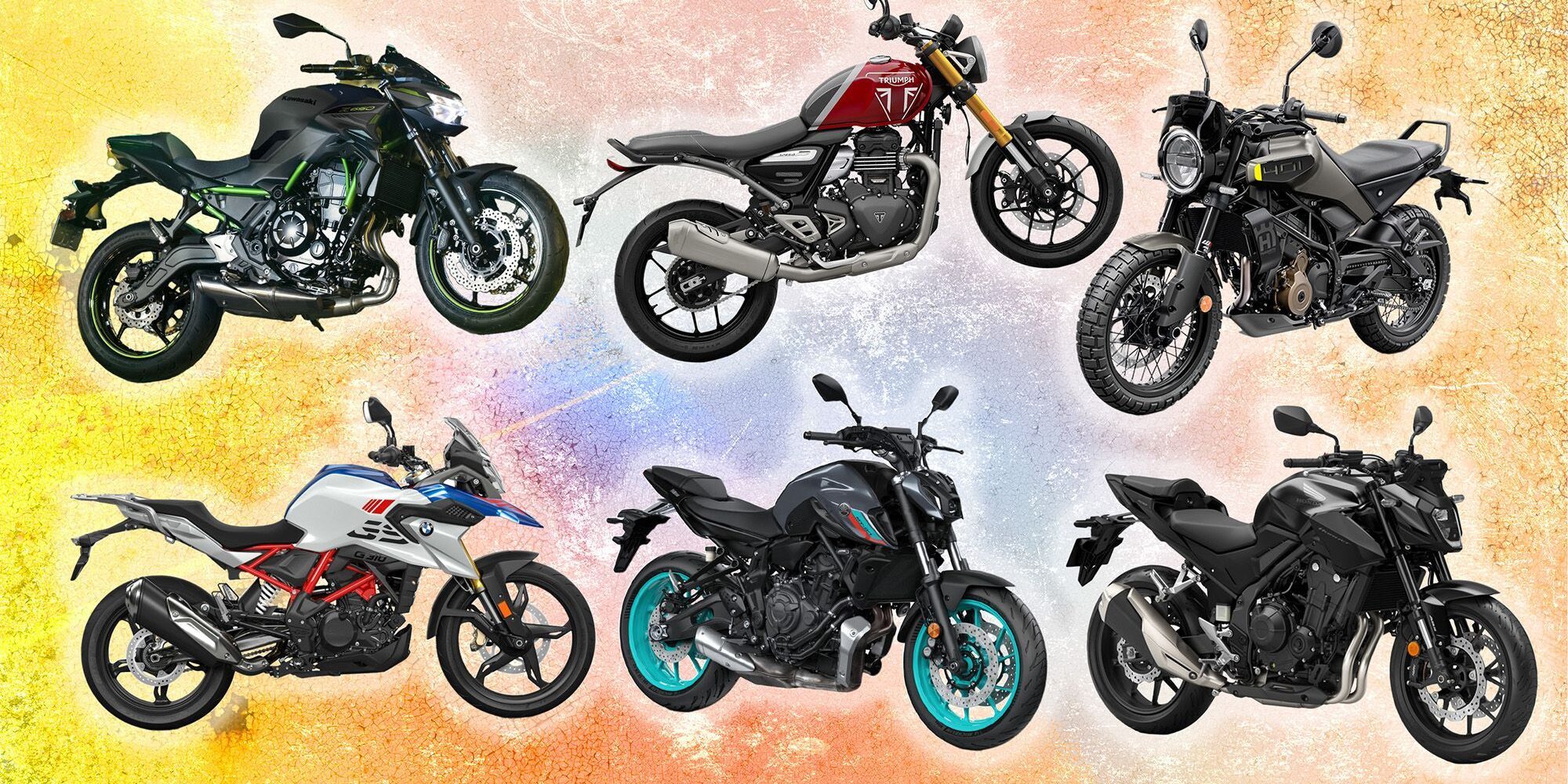 Diferentes tipos de motocicletas aparcadas juntas, mostrando los estilos Naked, Trail y Custom que se pueden conducir con el carnet A2 tras aprobar en MotoCircuito.