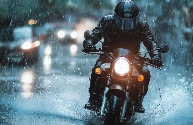 Motocicleta de la autoescuela MotoCircuito realizando la maniobra de frenada de emergencia sobre el asfalto mojado por la lluvia en el circuito de prácticas de Móstoles.