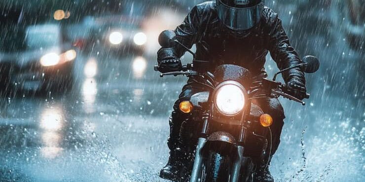 examen-moto-dgt-lluvia-circuito-mojado-madrid Motocicleta de la autoescuela MotoCircuito realizando la maniobra de frenada de emergencia sobre el asfalto mojado por la lluvia en el circuito de prácticas de Móstoles.