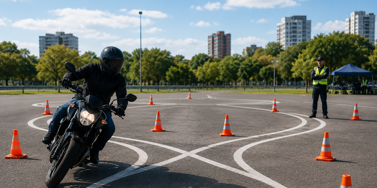 Alumno de la autoescuela MotoCircuito superando con éxito la prueba de las franjas metálicas (chapas) y los jalones en el circuito lento de Móstoles, manteniendo la mirada al frente.