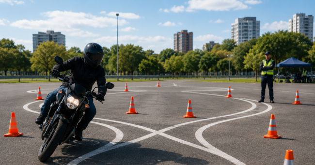 Alumno de la autoescuela MotoCircuito superando con éxito la prueba de las franjas metálicas (chapas) y los jalones en el circuito lento de Móstoles, manteniendo la mirada al frente.