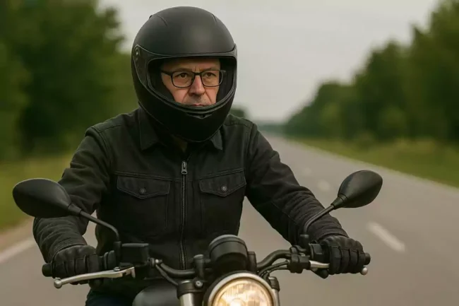 Motorista ajustándose las gafas de vista a través de la visera abierta de un casco integral antes de iniciar una práctica en el circuito de MotoCircuito en Móstoles.