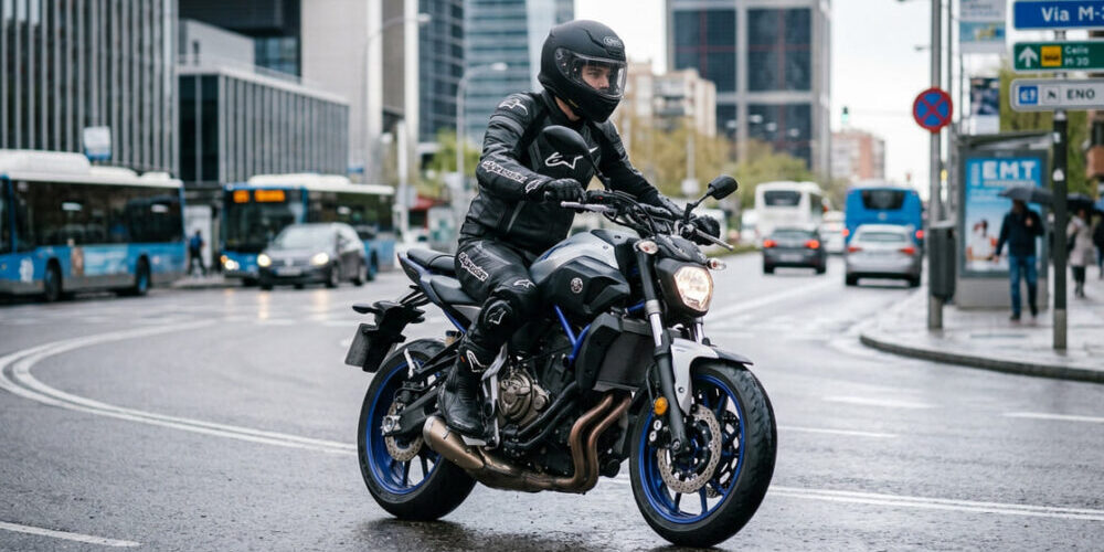cuantas-clases-practicas-necesito-carnet-moto-a2-madrid Profesor de la autoescuela MotoCircuito evaluando el progreso de un alumno durante sus primeras clases prácticas en el circuito cerrado de Móstoles para calcular su preparación.