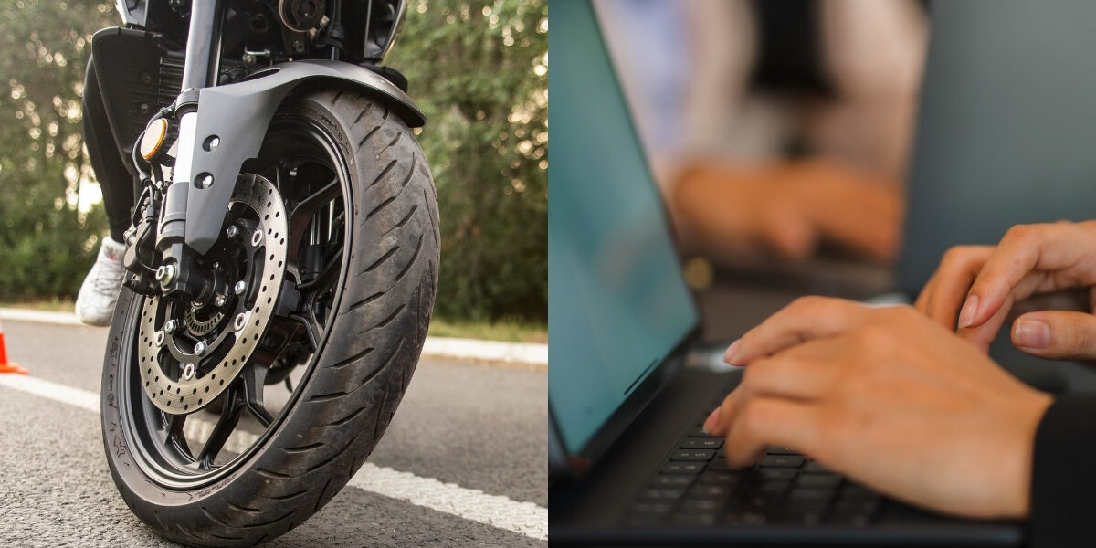 Alumno de la autoescuela MotoCircuito en Móstoles realizando un test del examen teórico específico de motocicleta desde una tablet, preparando su carnet A2.