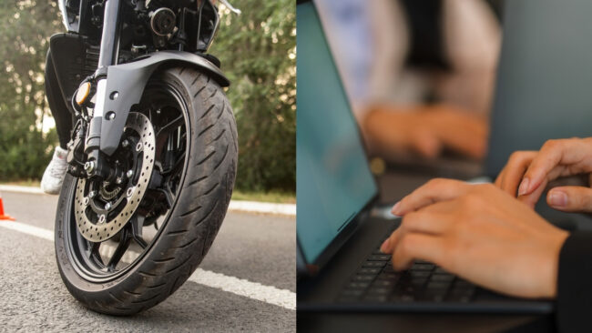 Alumno de la autoescuela MotoCircuito en Móstoles realizando un test del examen teórico específico de motocicleta desde una tablet, preparando su carnet A2.